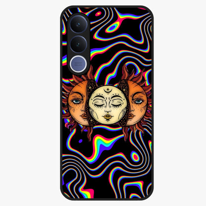 Psychedelic Sun Glass Case showing flat back view with colorful psychedelic sun artwork and glossy glass finish.