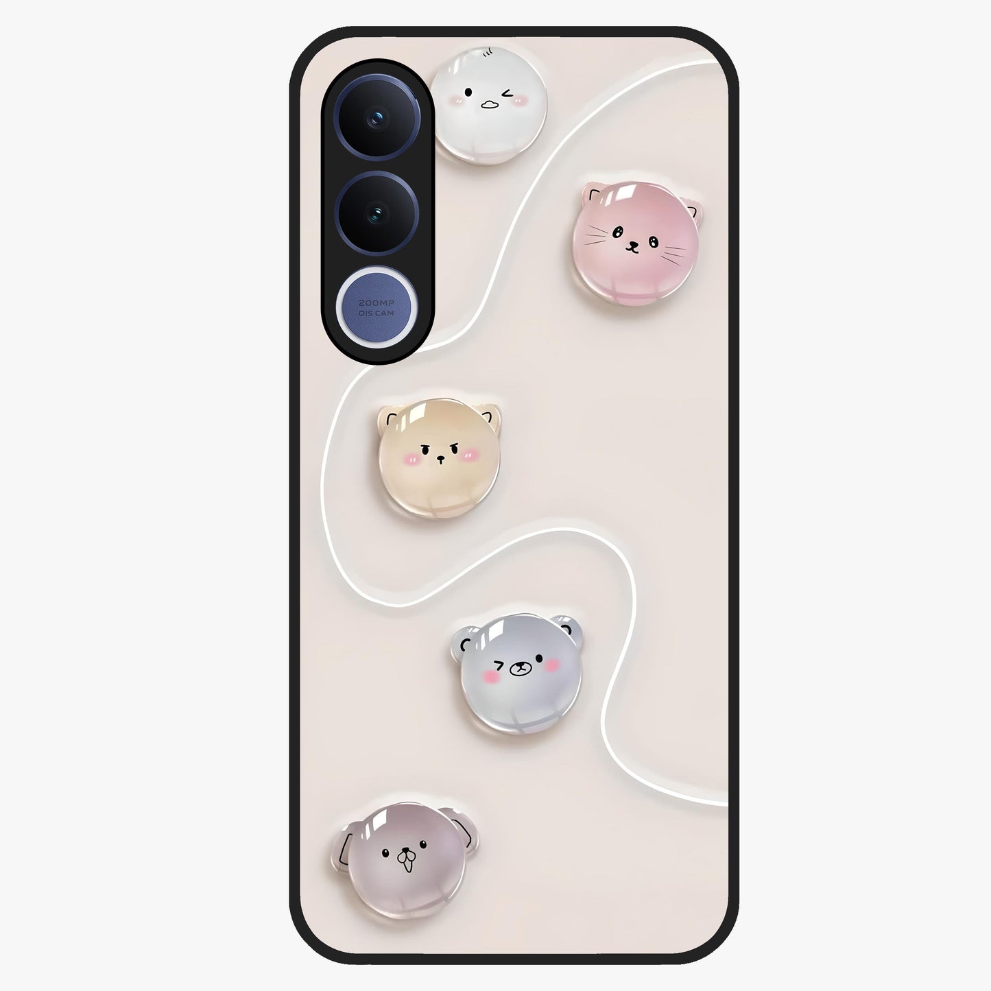 Puffy Face Parade Glass Case showing flat back view with cute puffy character faces artwork and glossy glass finish.