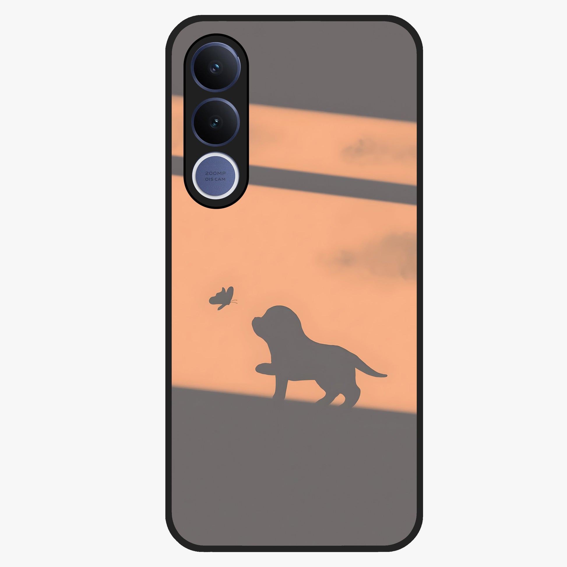 Puppy Shadow Art Glass Case showing flat back view with cute puppy shadow style artwork and glossy glass finish.