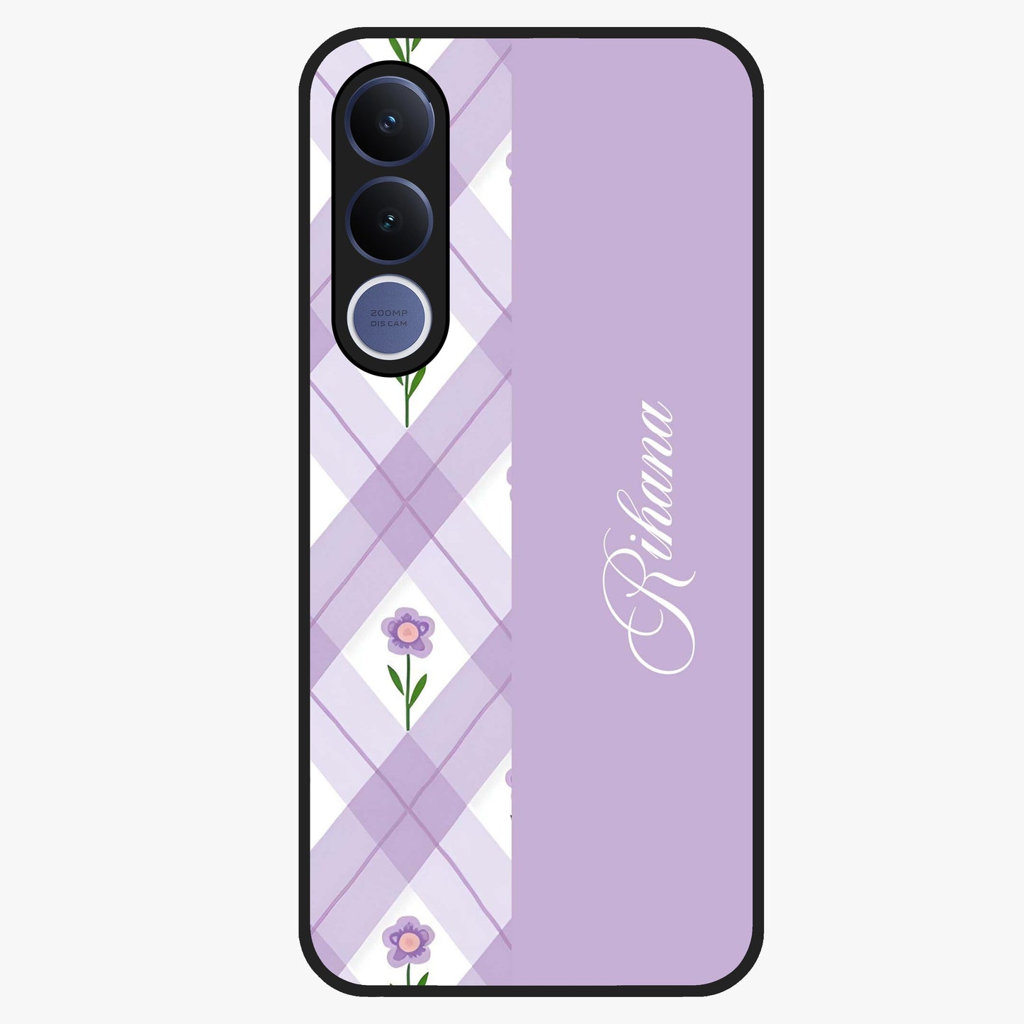 Purple Diamond Floral Glass Case showing flat back view with diamond shaped floral artwork and glossy glass finish.