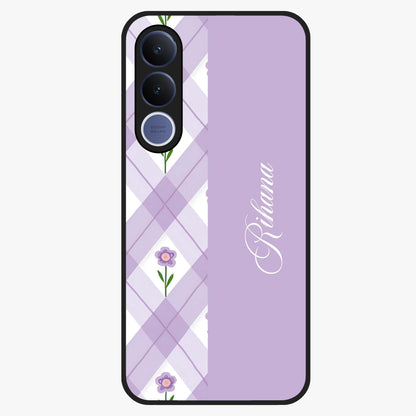 Purple Diamond Floral Glass Case showing flat back view with diamond shaped floral artwork and glossy glass finish.