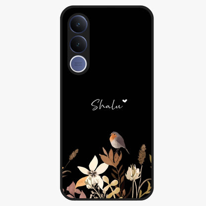 Quiet Garden Tune Custom Name Glass Case showing flat back view with peaceful garden artwork and personalized name design.
