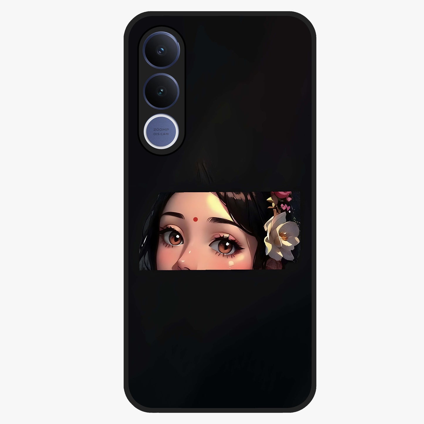 Radha Divine Embrace Glass Case showing flat back view with devotional Radha artwork and glossy glass finish.