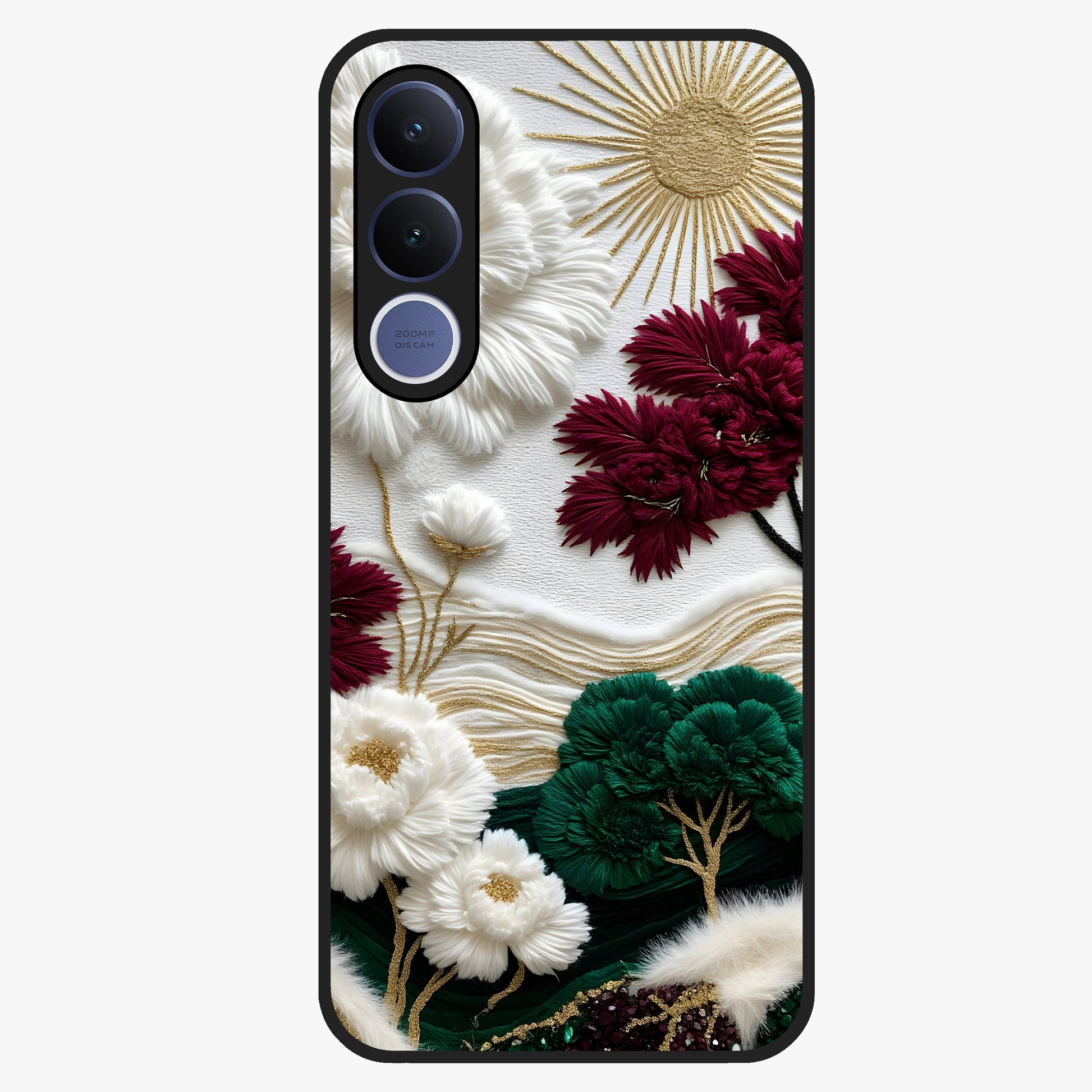 Radiant Bloom Elegance Glass Case showing flat back view with elegant blooming flower artwork and glossy glass finish.