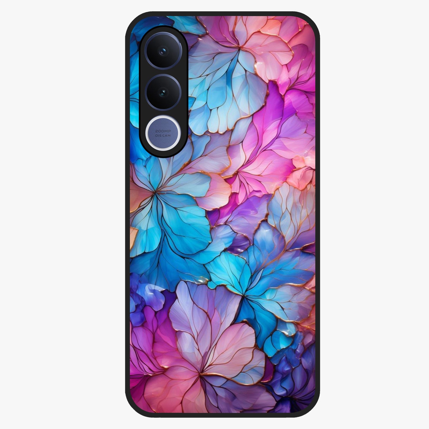 Radiant Floral Whirl Glass Case showing flat back view with swirling floral artwork and glossy glass finish.
