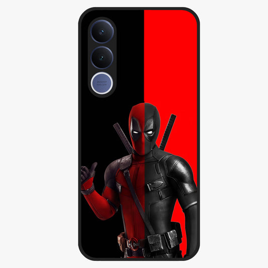 Red & Black Deadpool Theme Glass Case showing flat back view with bold comic inspired artwork and glossy glass finish.