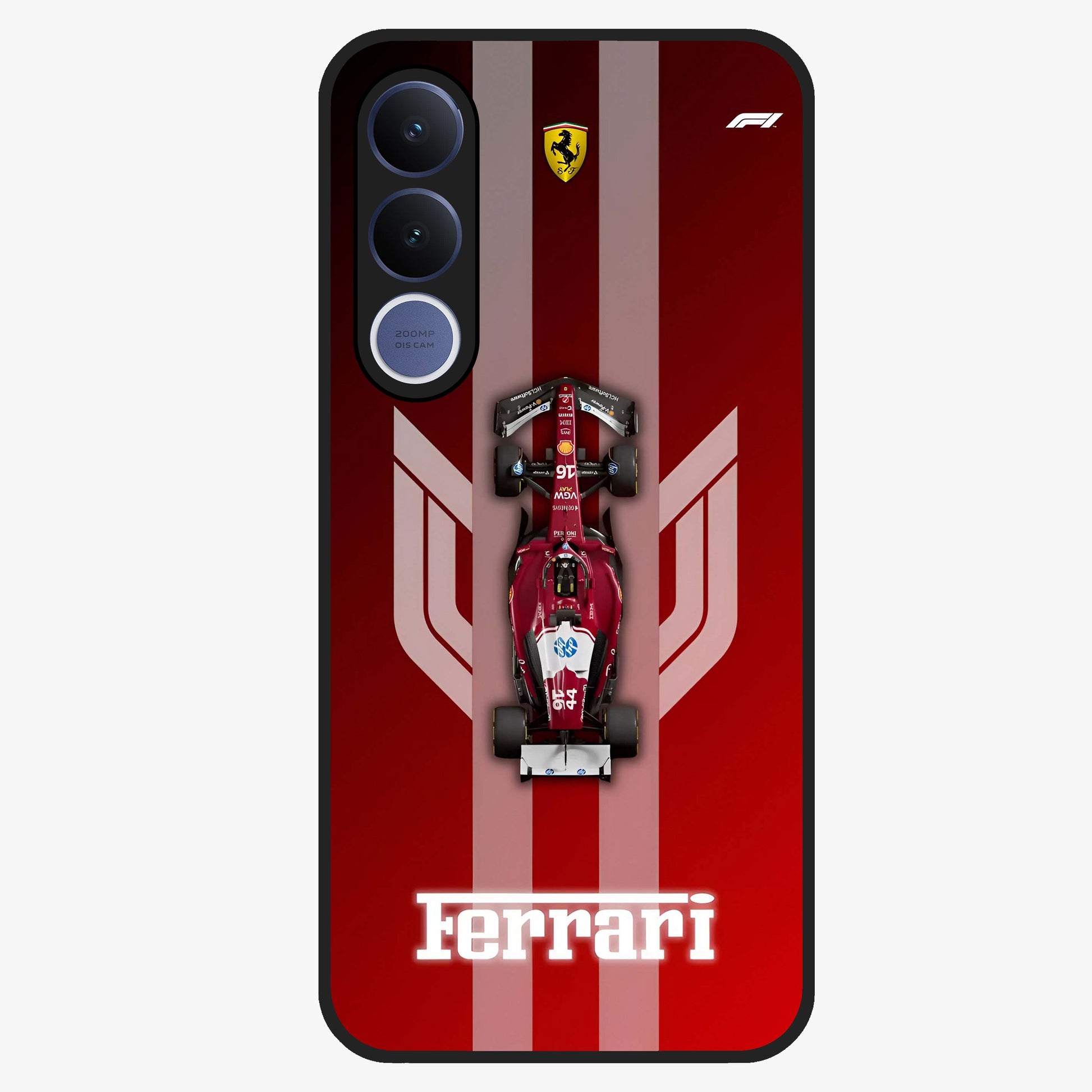 Red Ferrari F1 Vertical Glass Case showing flat back view with sleek Formula racing car artwork and glossy glass finish.
