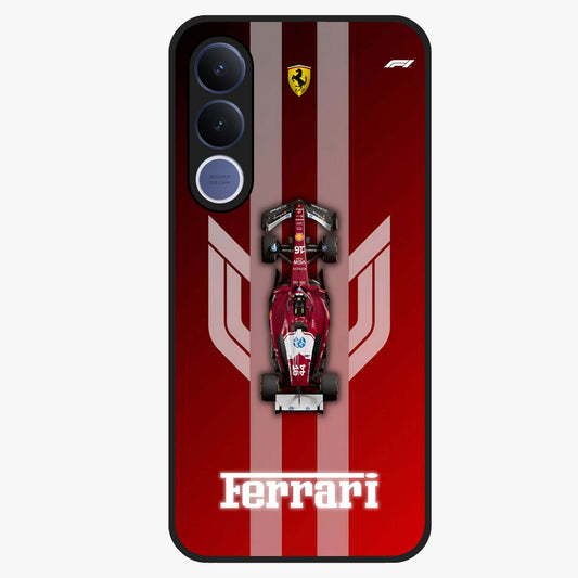 Red Ferrari F1 Vertical Glass Case showing flat back view with sleek Formula racing car artwork and glossy glass finish.