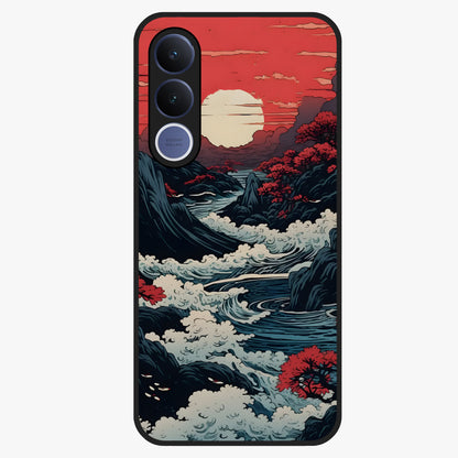 Red Sunset Scenery Glass Case showing flat back view with vibrant sunset landscape artwork and glossy glass finish.