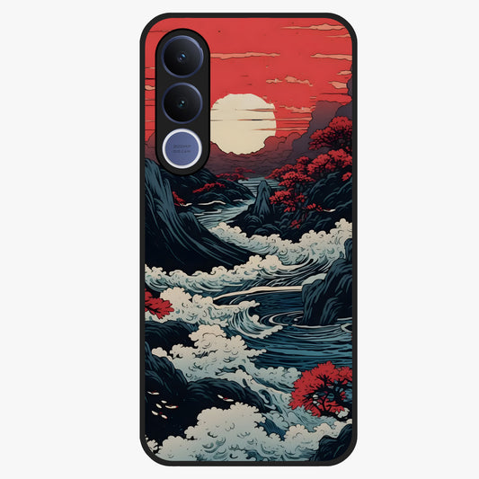 Red Sunset Scenery Glass Case showing flat back view with vibrant sunset landscape artwork and glossy glass finish.