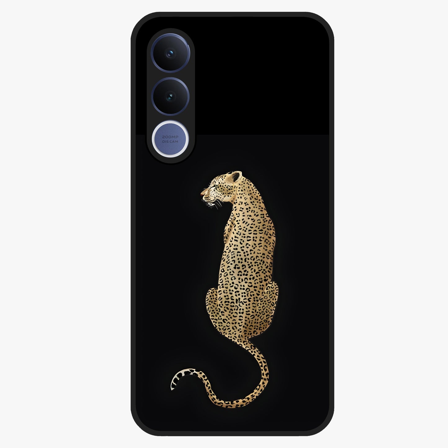 Regal Leopard Glass Case showing flat back view with bold leopard artwork and glossy glass finish.
