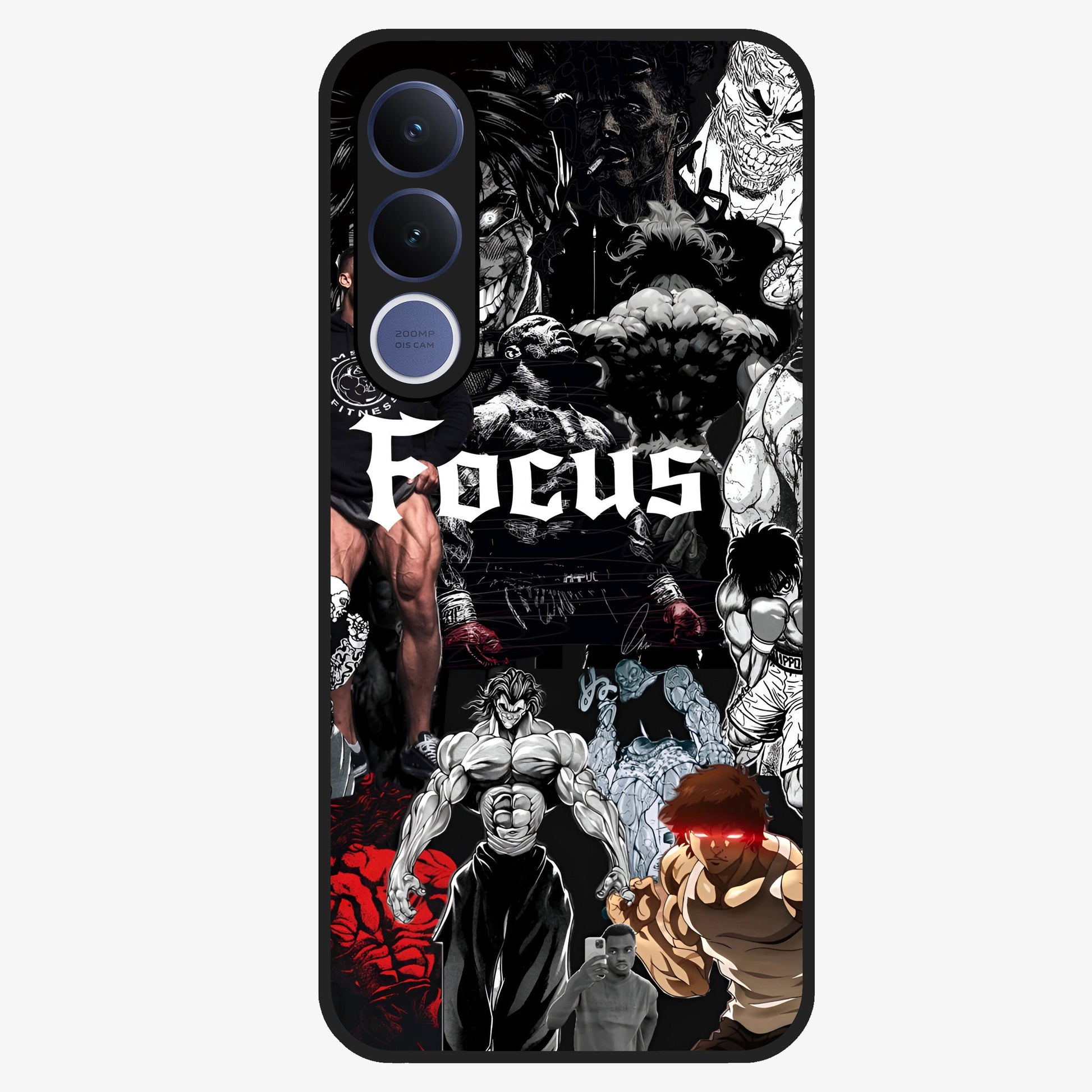 Relentless Power Focus Glass Case showing flat back view with motivational typography artwork and glossy glass finish.
