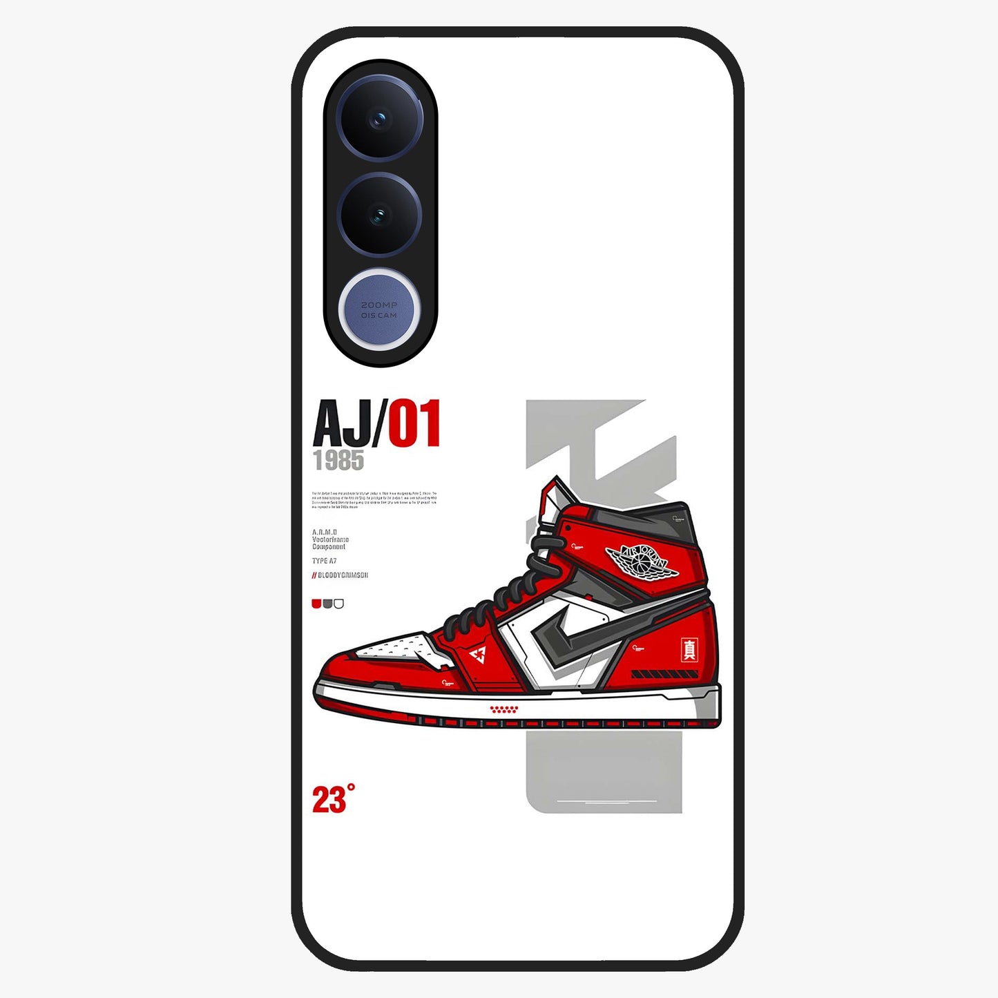 Retro Sneaker Blueprint Glass Case showing flat back view with sneaker blueprint style artwork and glossy glass finish.