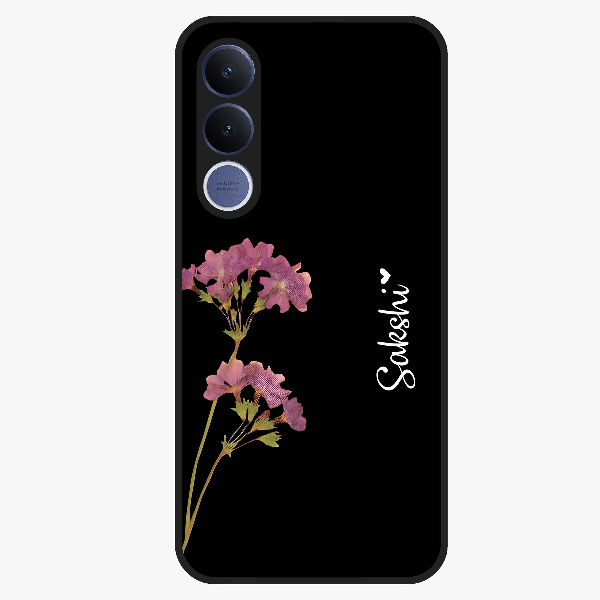 Riching Lavender Flower Custom Name Glass Case showing flat back view with lavender floral artwork and personalized name design.