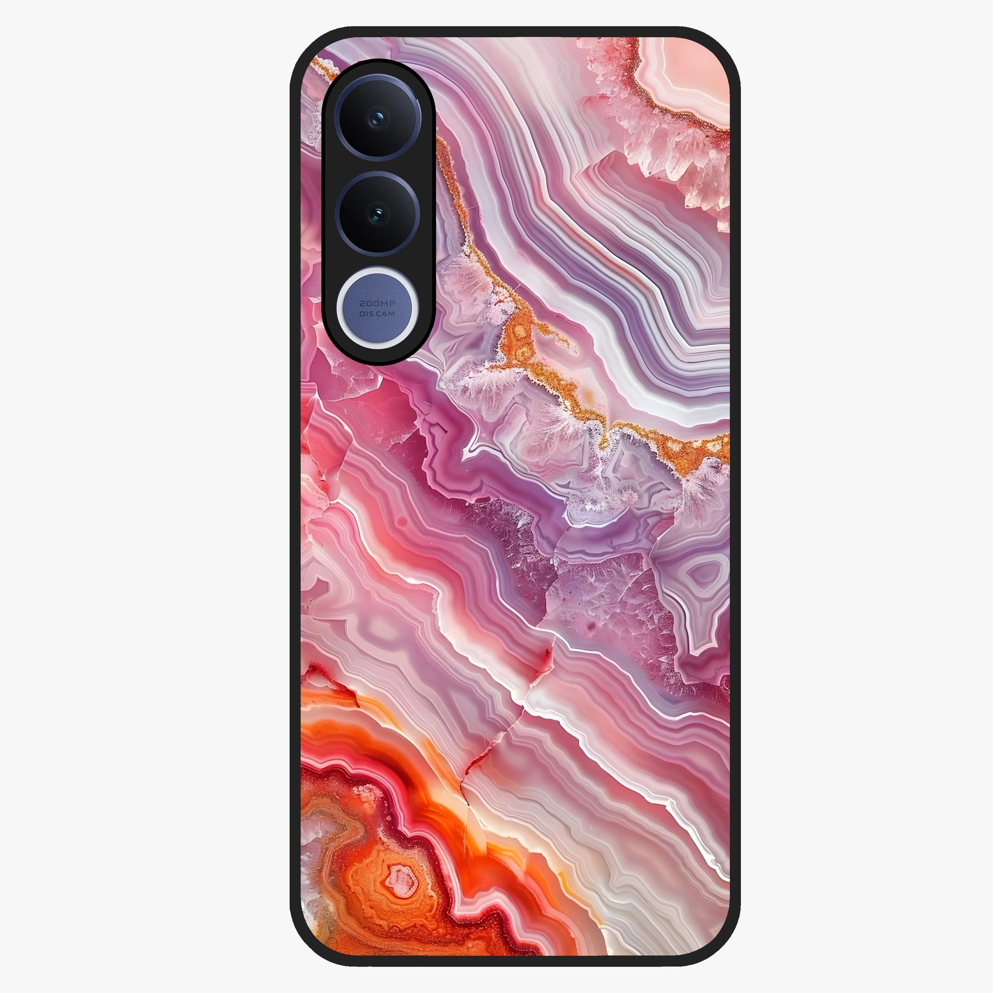 Rose Quartz Marble Glass Case showing flat back view with pink marble quartz texture artwork and glossy glass finish.