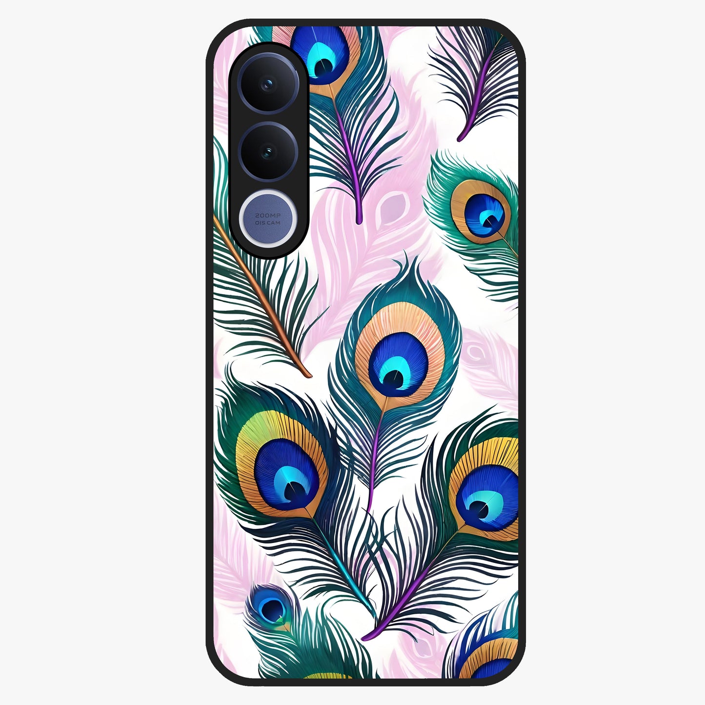 Royal Peacock Feathers Glass Case showing flat back view with colorful peacock feather artwork and glossy glass finish.