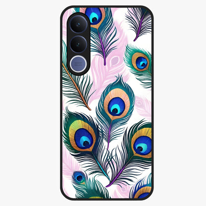 Royal Peacock Feathers Glass Case showing flat back view with colorful peacock feather artwork and glossy glass finish.