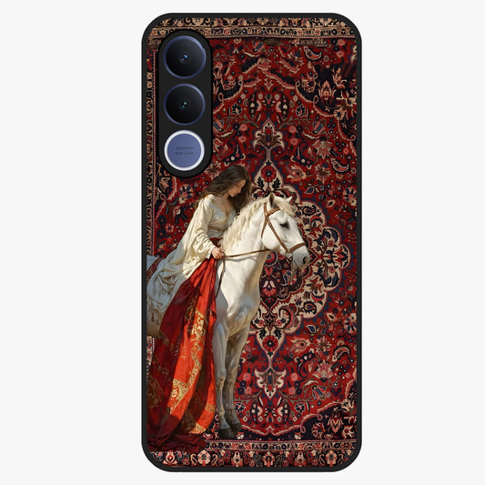 Royal Rider Tapestry Glass Case showing flat back view with majestic horse rider tapestry artwork and glossy glass finish.