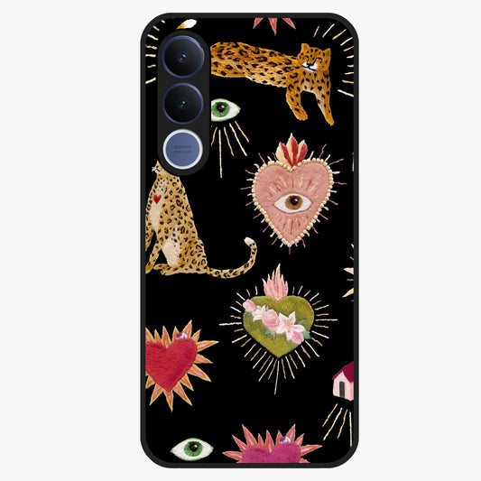Sacred Jungle Heart Glass Case showing flat back view with jungle inspired heart artwork and glossy glass finish.