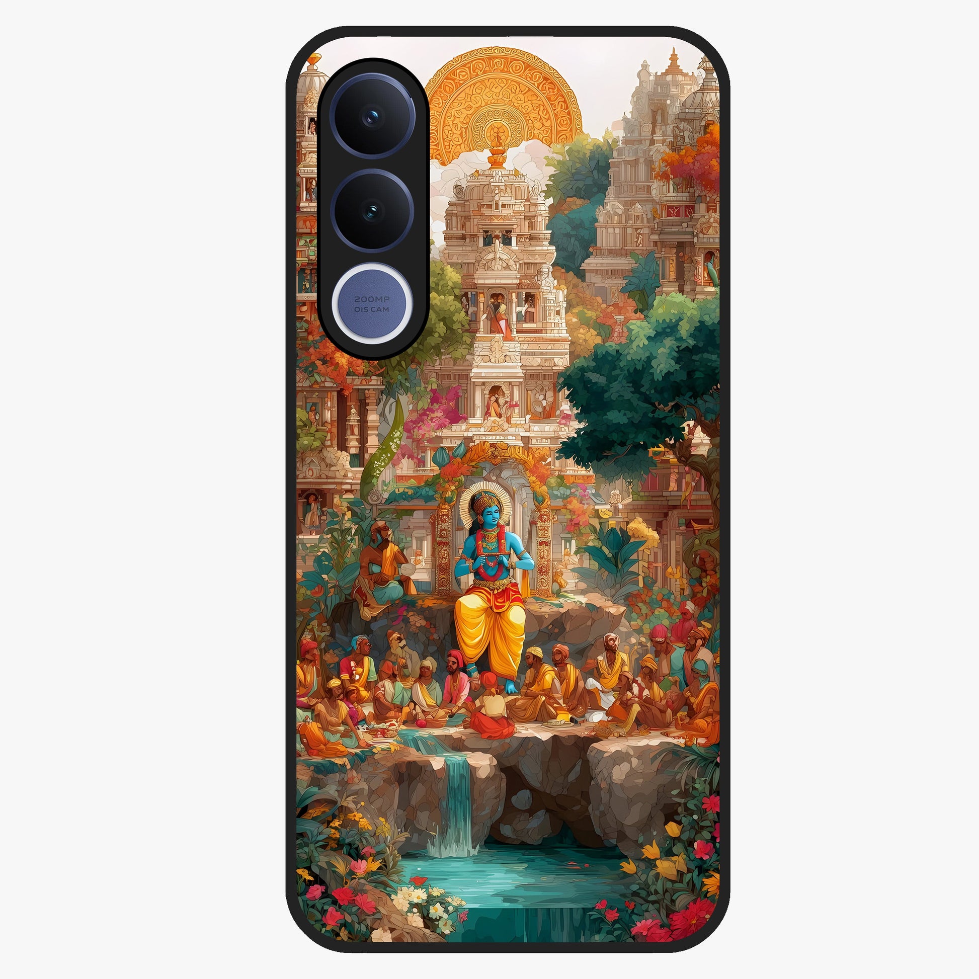 Sacred Sunlight Gods Glass Case showing flat back view with divine sunlight themed artwork and glossy glass finish.