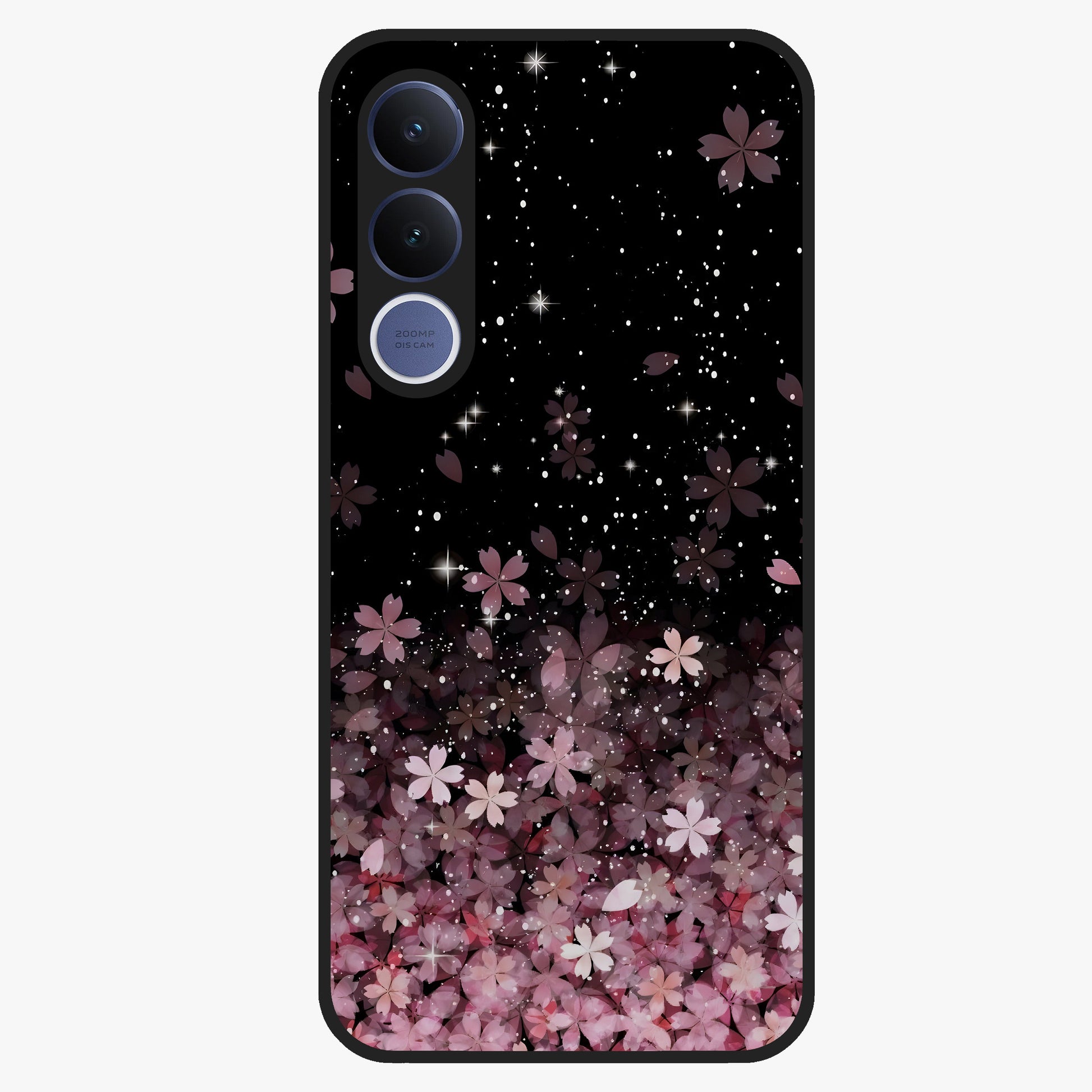 Small Starry Flowers Glass Case showing flat back view with delicate starry floral artwork and glossy glass finish.