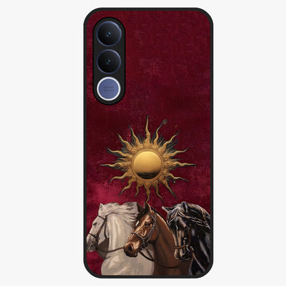 Solar Riders Glass Case showing flat back view with dynamic rider themed artwork and glossy glass finish.
