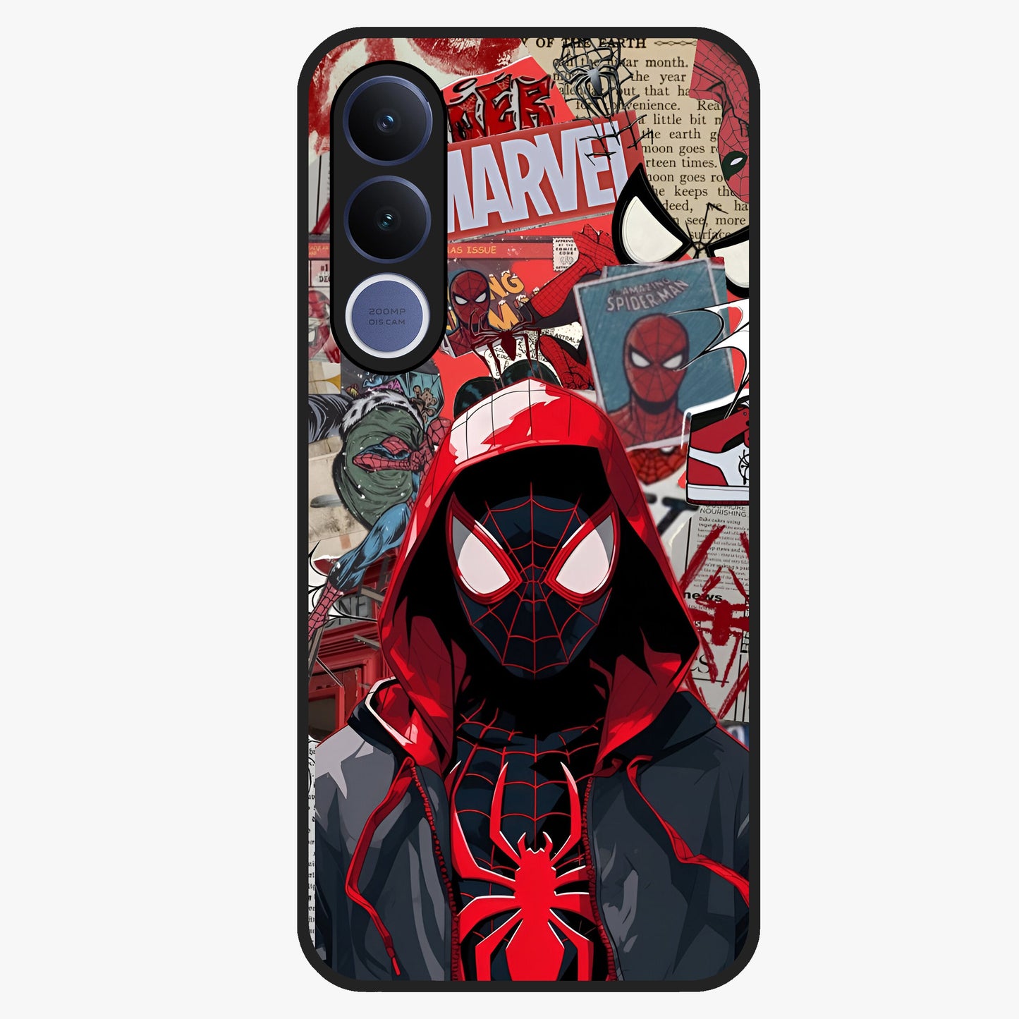 Spider Collage Street Glass Case showing flat back view with vibrant superhero collage artwork and glossy glass finish.