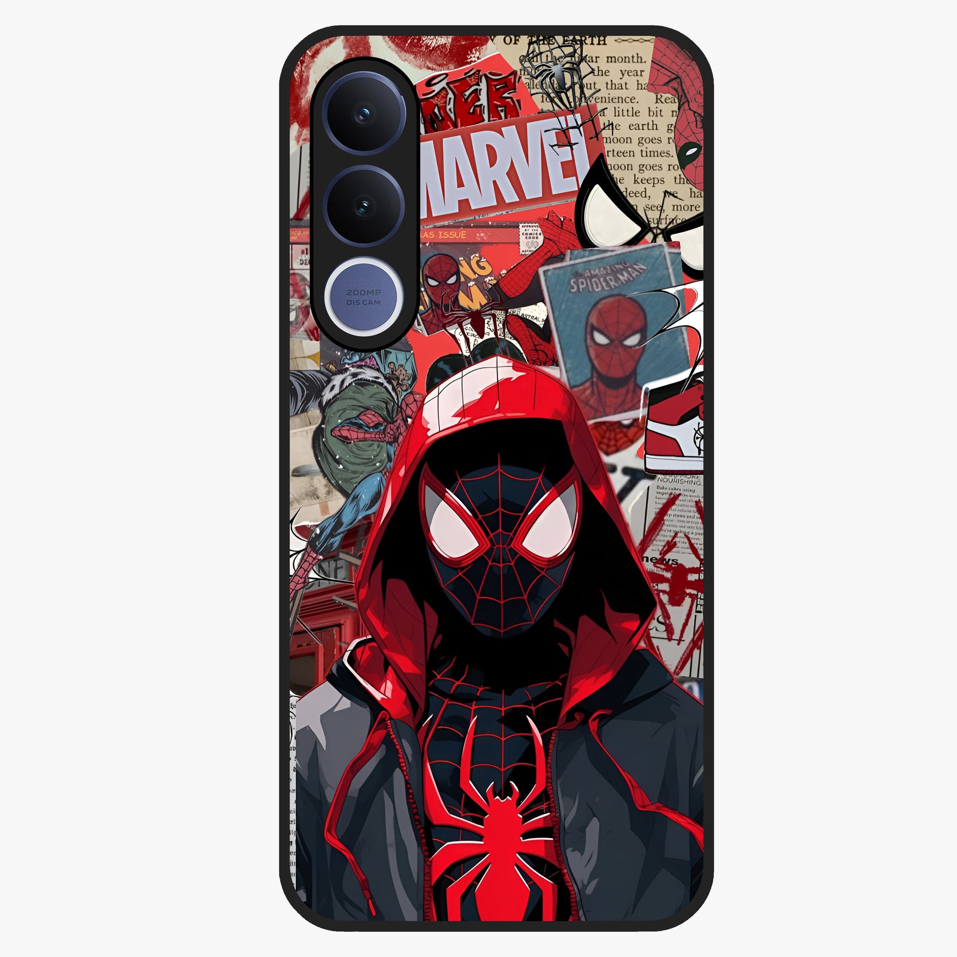 Spider Collage Street Glass Case showing flat back view with vibrant superhero collage artwork and glossy glass finish.