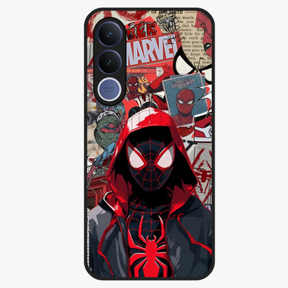 Spider Collage Street Glass Case showing flat back view with vibrant superhero collage artwork and glossy glass finish.