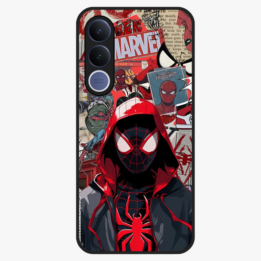 Spider Collage Street Glass Case showing flat back view with vibrant superhero collage artwork and glossy glass finish.