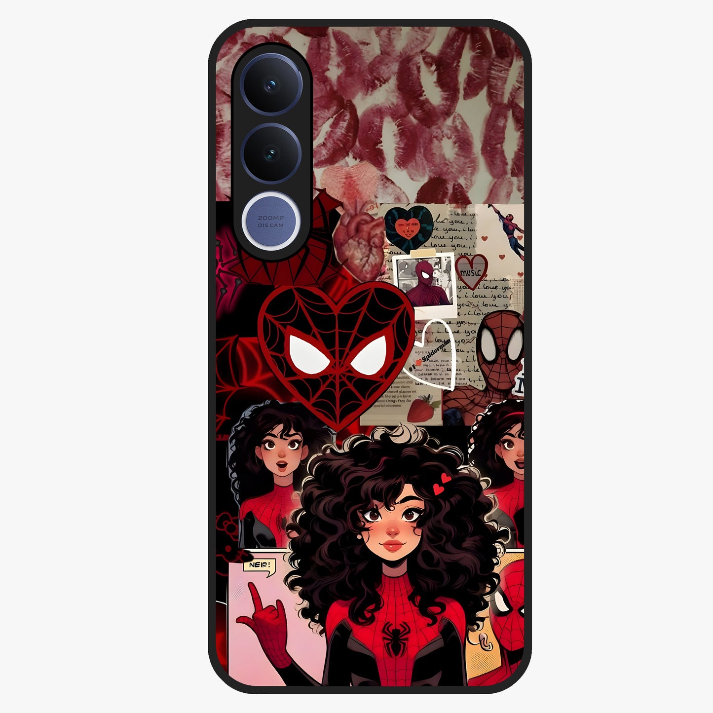 Spider Love Story Glass Case showing flat back view with romantic superhero themed artwork and glossy glass finish.