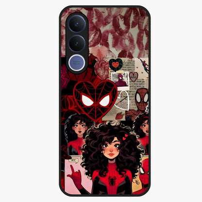 Spider Love Story Glass Case showing flat back view with romantic superhero themed artwork and glossy glass finish.