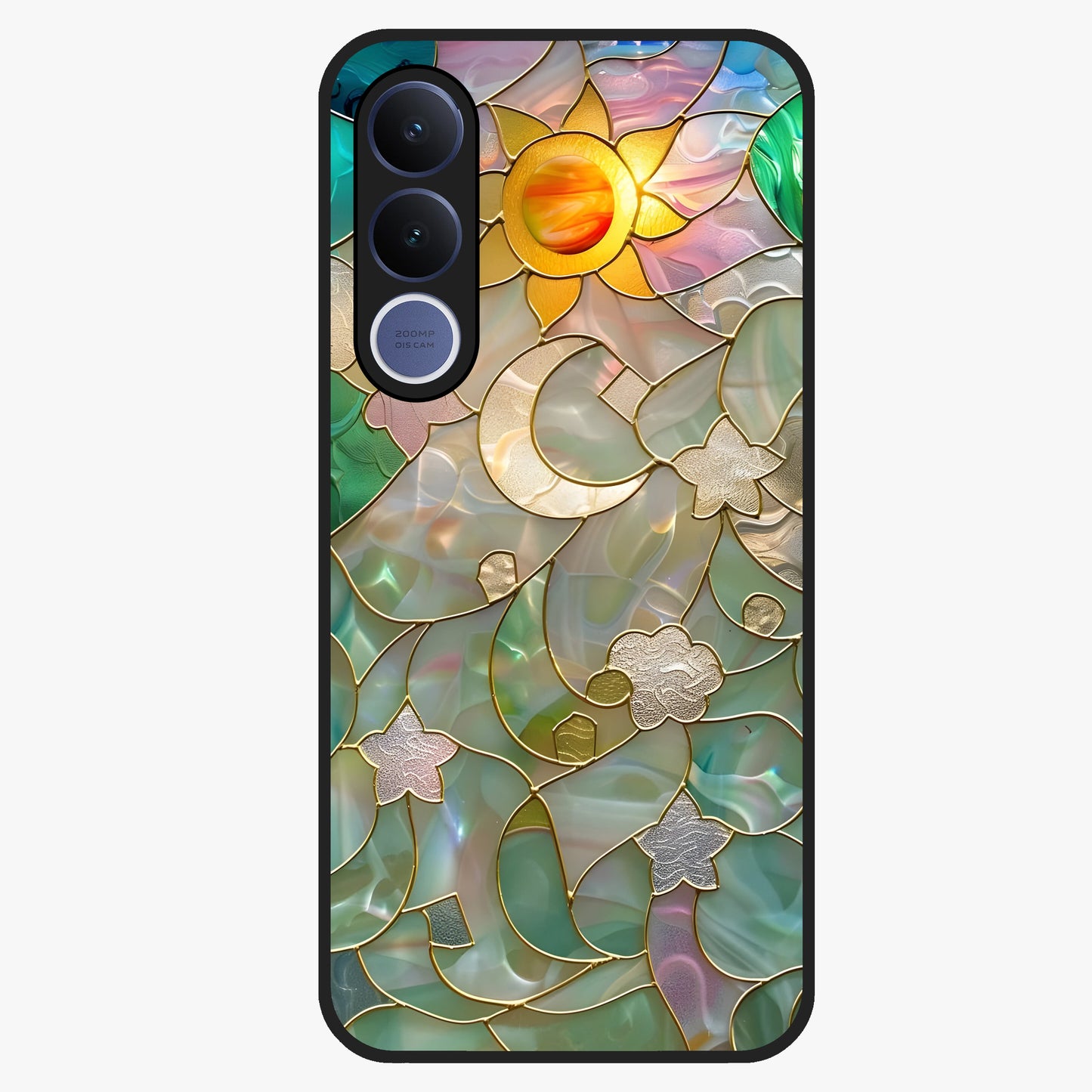 Stained Sunrise Glow Glass Case showing flat back view with glowing sunrise stained pattern artwork and glossy glass finish.