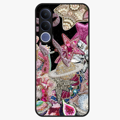 Starlit Jewel Dream Glass Case showing flat back view with sparkling jewel and star themed artwork and glossy glass finish.