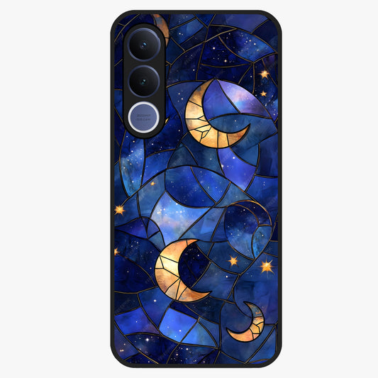 Starlit Sky Tapestry Glass Case showing flat back view with decorative starry sky tapestry artwork and glossy glass finish.