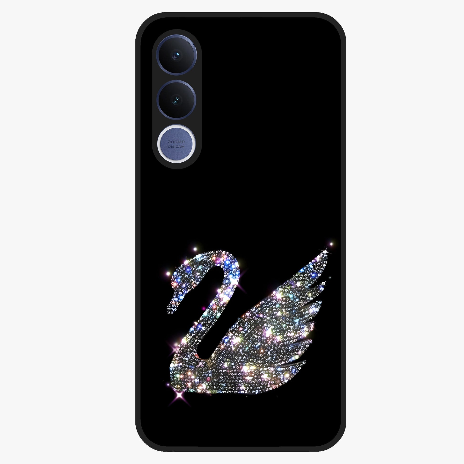 Starlit Swan Grace Glass Case showing flat back view with graceful swan artwork under starry sky and glossy glass finish.
