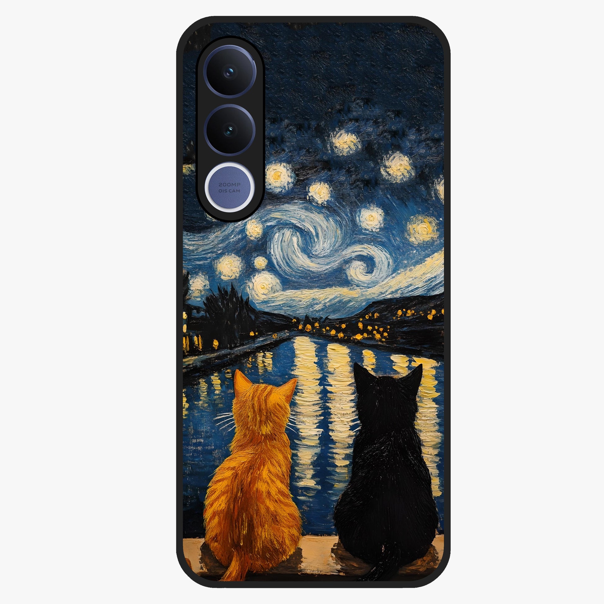 Starry River Cats Glass Case showing flat back view with cats by a starry river artwork and glossy glass finish.