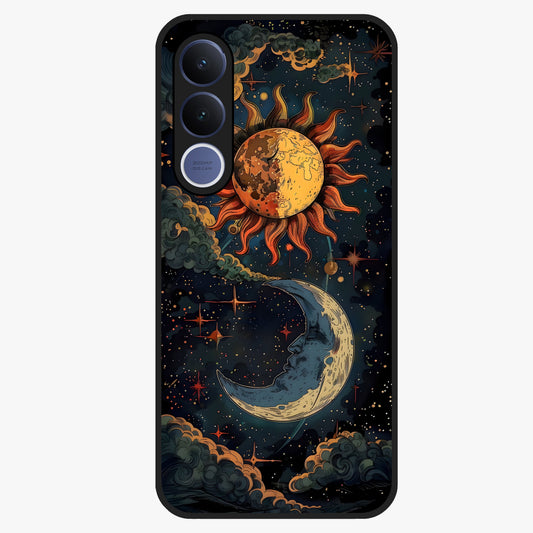 Sun And Moon Magic Design Glass Case showing flat back view with mystical sun and moon artwork and glossy glass finish.