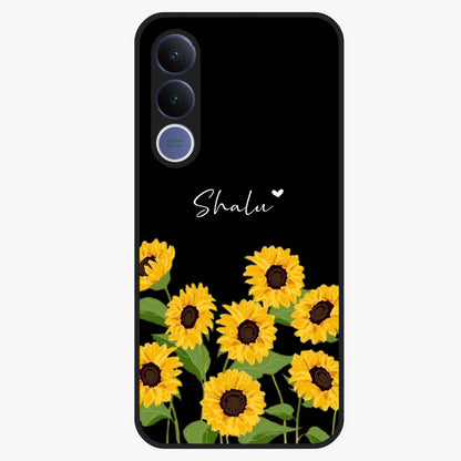 Sunflower Chic Mood Custom Name Glass Case showing flat back view with stylish sunflower artwork and personalized name design.