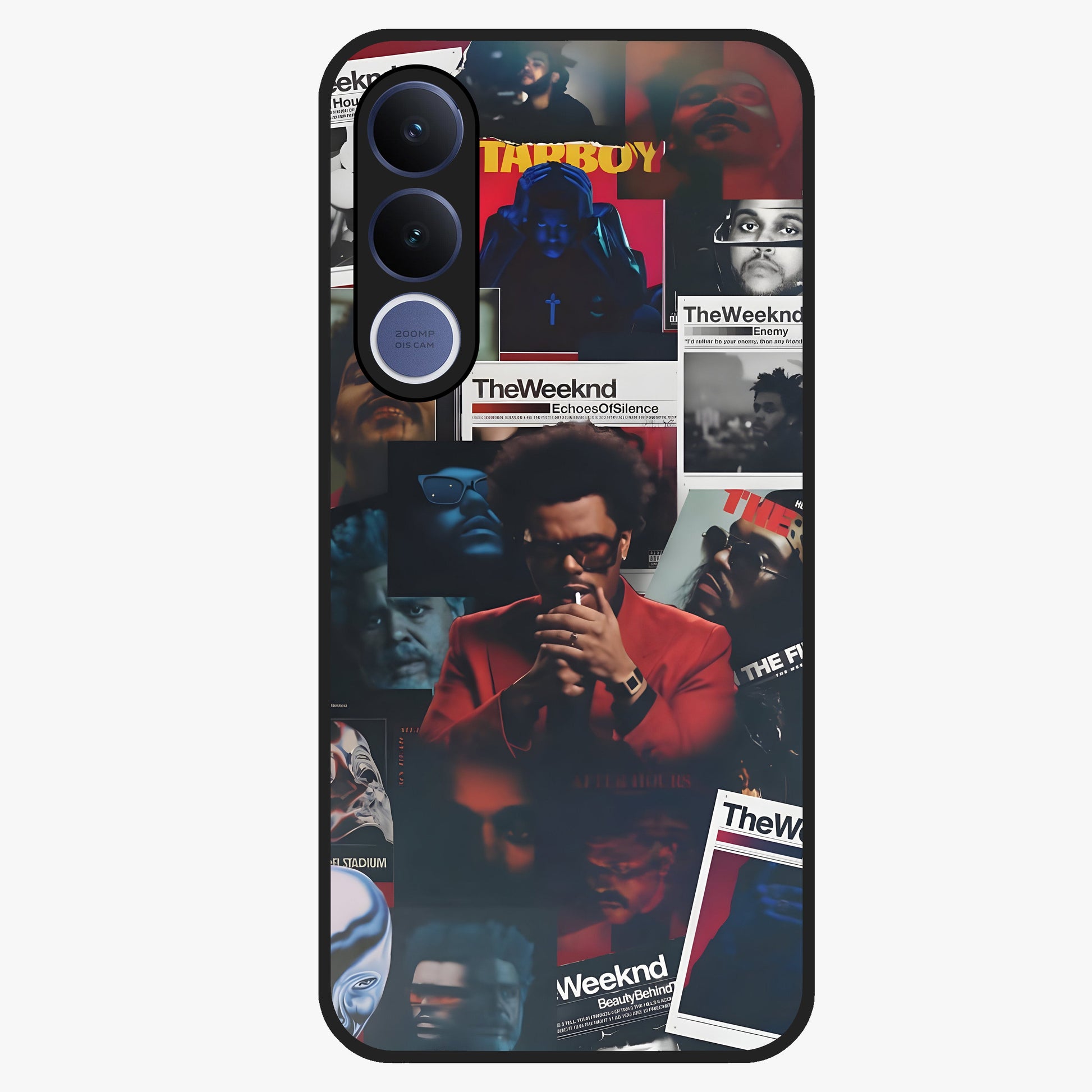 The Weeknd Glass Case showing flat back view with music inspired artistic portrait artwork and glossy glass finish.