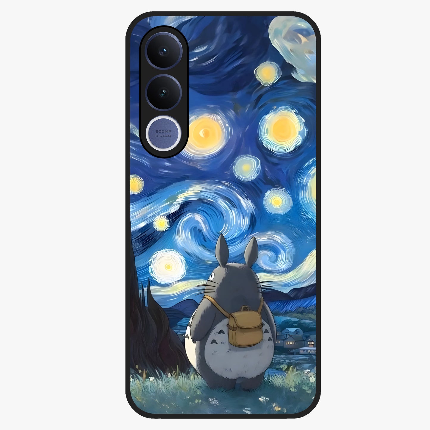 Totoro In Van Gogh Art Glass Case showing flat back view with whimsical character artwork inspired by Van Gogh style and glossy glass finish.