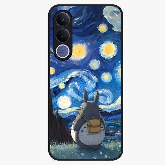 Totoro In Van Gogh Art Glass Case showing flat back view with whimsical character artwork inspired by Van Gogh style and glossy glass finish.