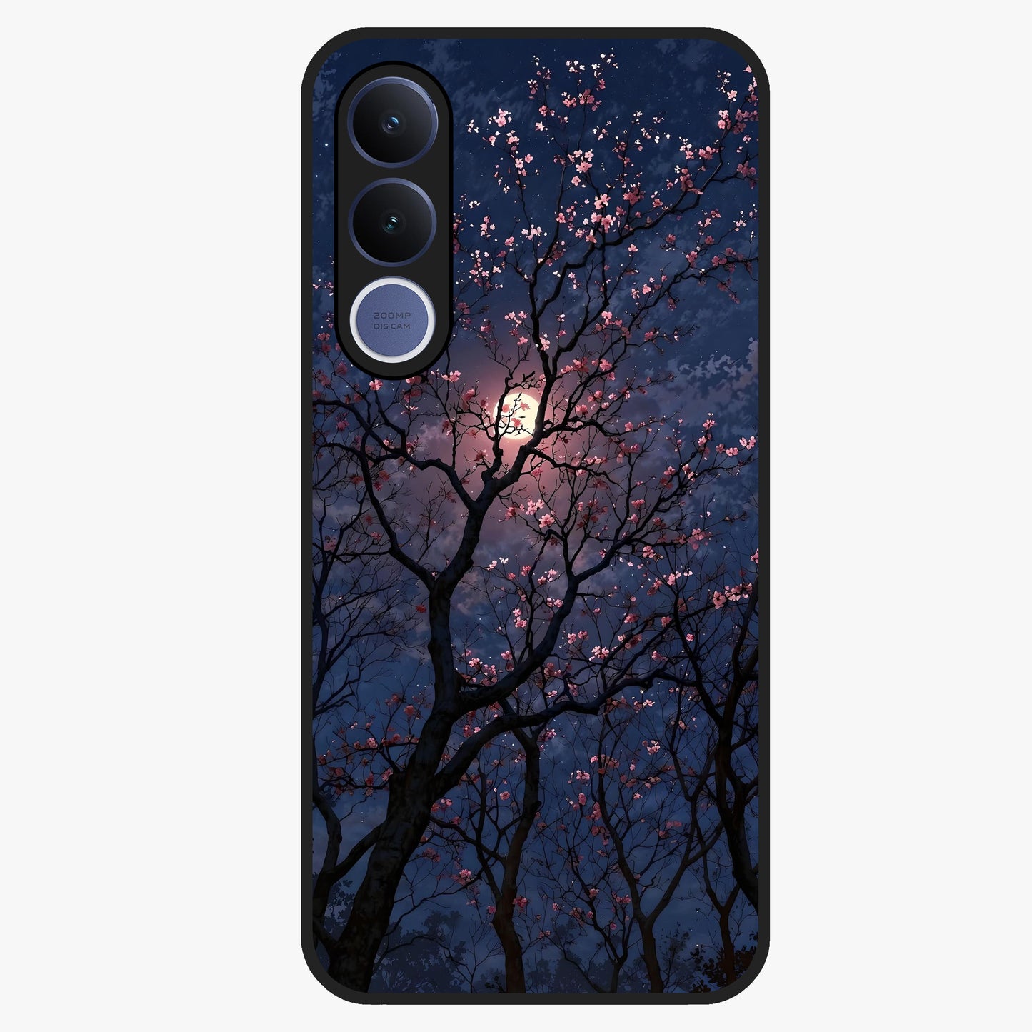 Twilight Sakura Serenade Glass Case showing flat back view with cherry blossom artwork at twilight and glossy glass finish.