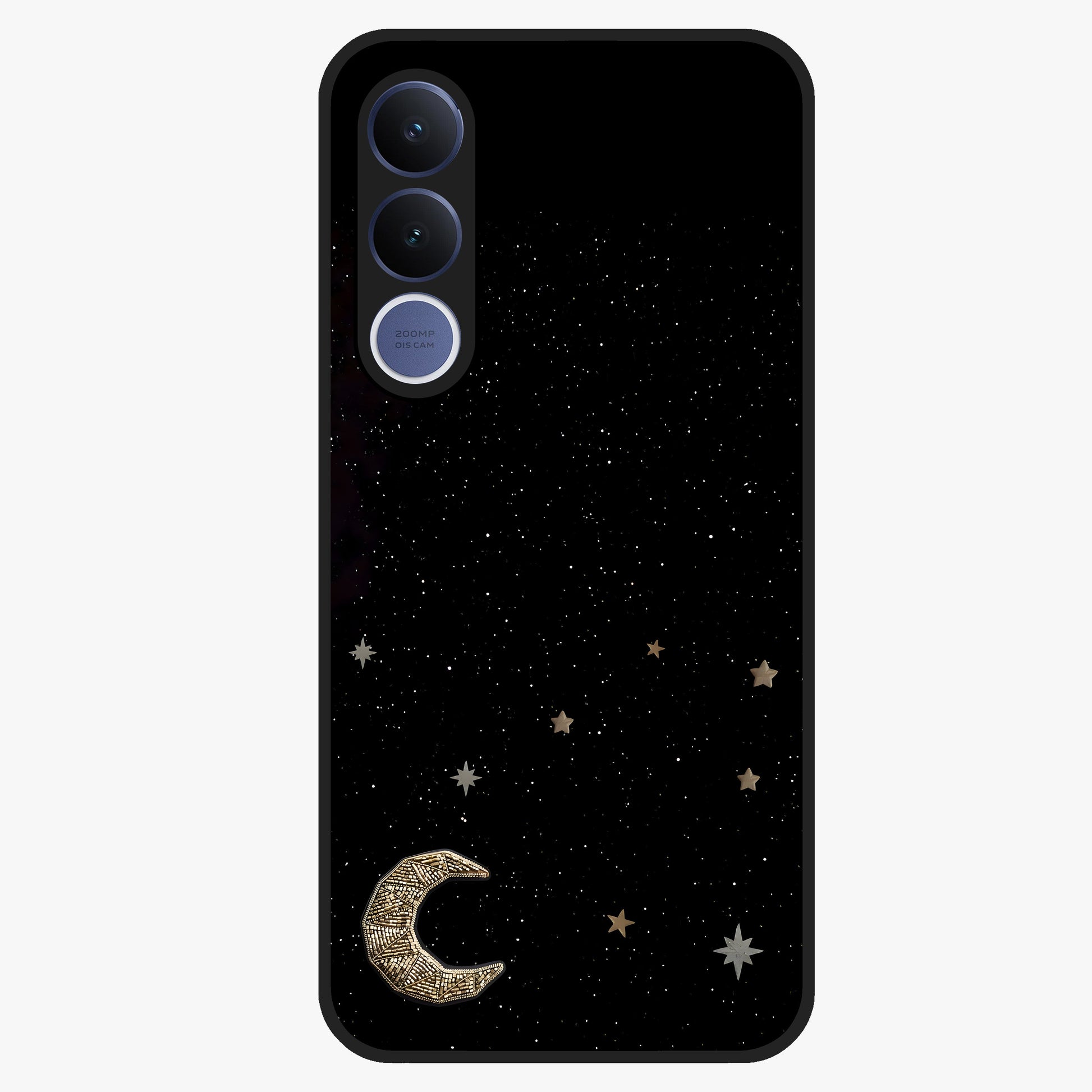 Twinkle Star With Half Moon Glass Case showing flat back view with star and half moon artwork and glossy glass finish.
