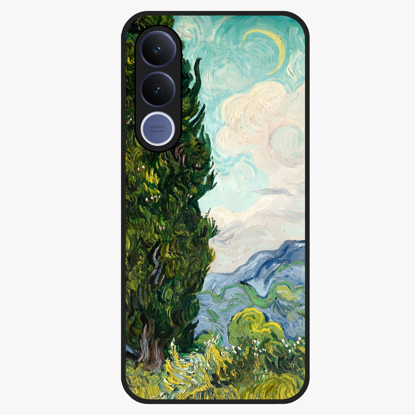 Van Gogh Vintage Art Glass Case showing flat back view with vintage painterly artwork inspired by Van Gogh style and glossy glass finish.