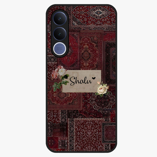 Velvet Wine Pattern Custom Name Glass Case showing flat back view with elegant wine colored pattern artwork and personalized name design.