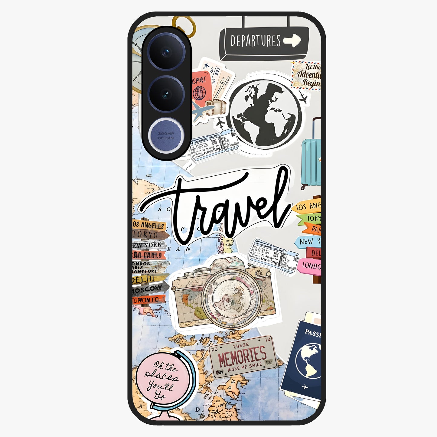 Wanderlust Journal Glass Case showing flat back view with travel inspired artwork and glossy glass finish.