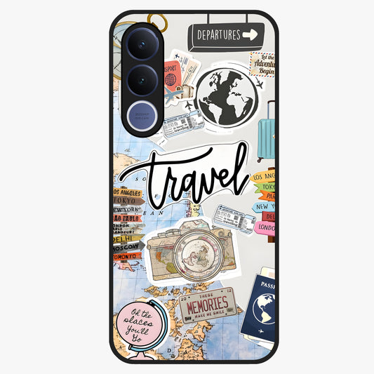 Wanderlust Journal Glass Case showing flat back view with travel inspired artwork and glossy glass finish.