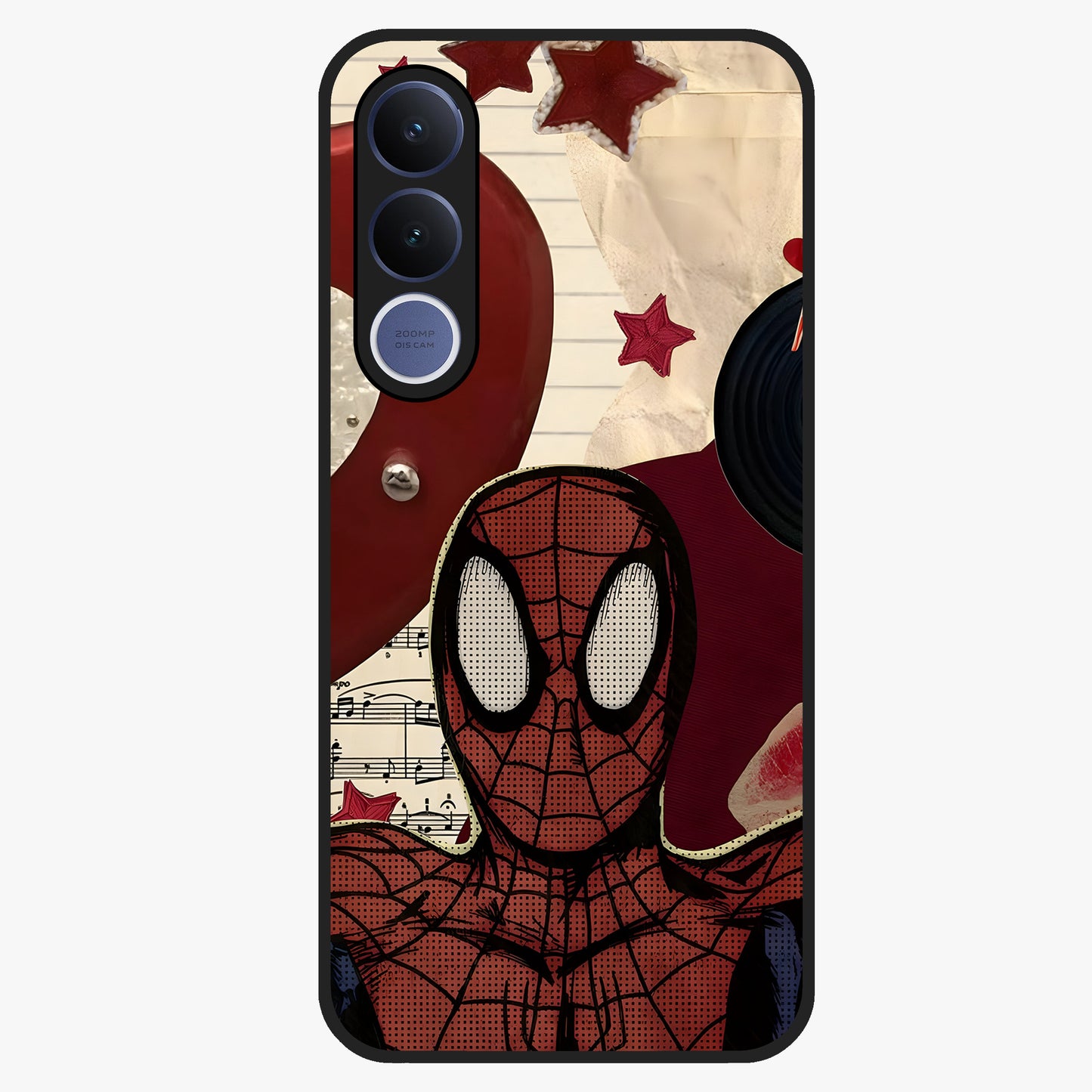 Web Warrior Vibes Glass Case showing flat back view with superhero inspired web themed artwork and glossy glass finish.