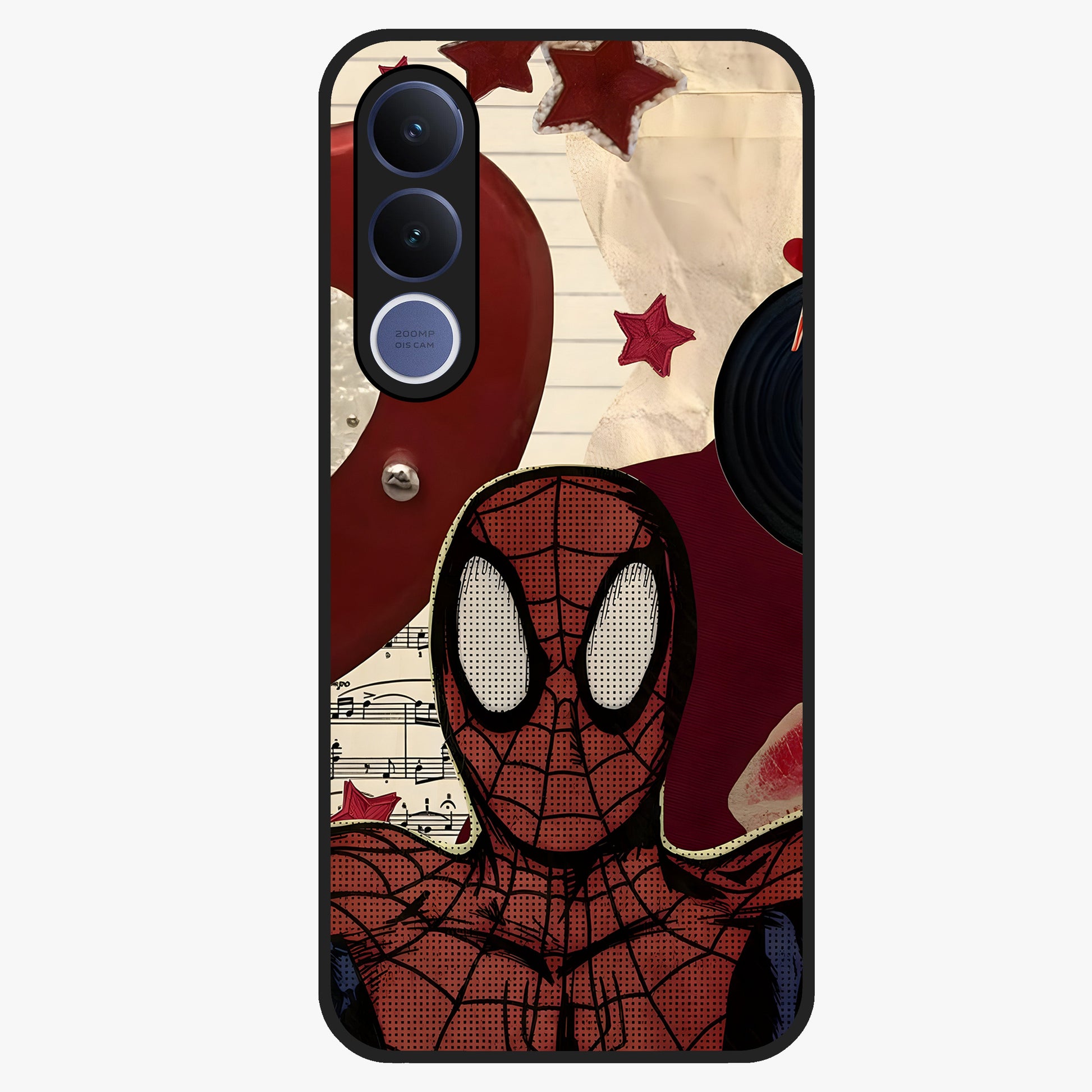 Web Warrior Vibes Glass Case showing flat back view with superhero inspired web themed artwork and glossy glass finish.